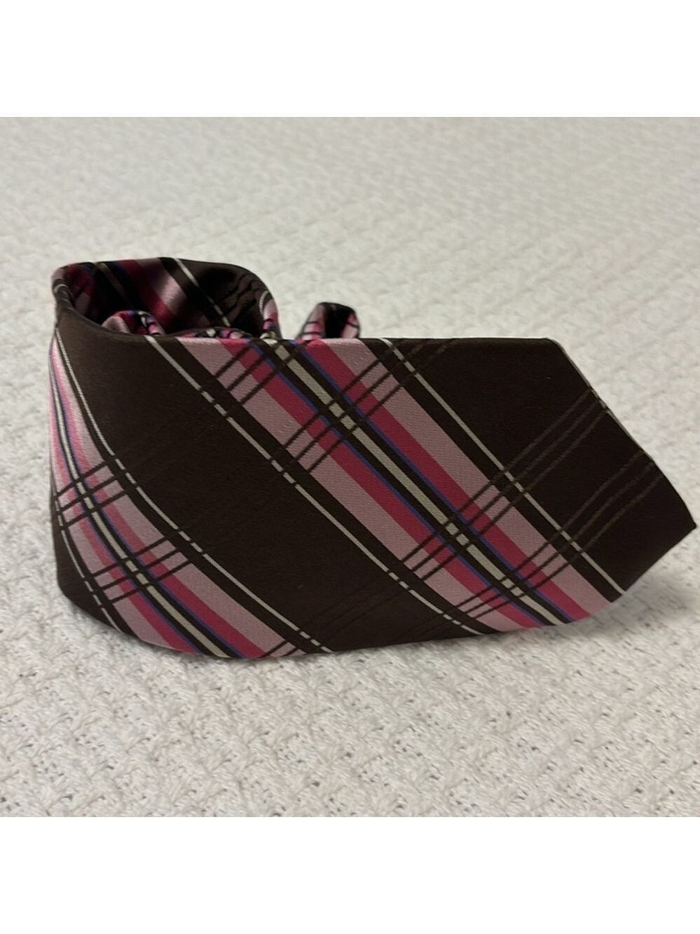 HUGO BOSS 100% silk neck tie men’s tie brown pink white plaid made in Italy